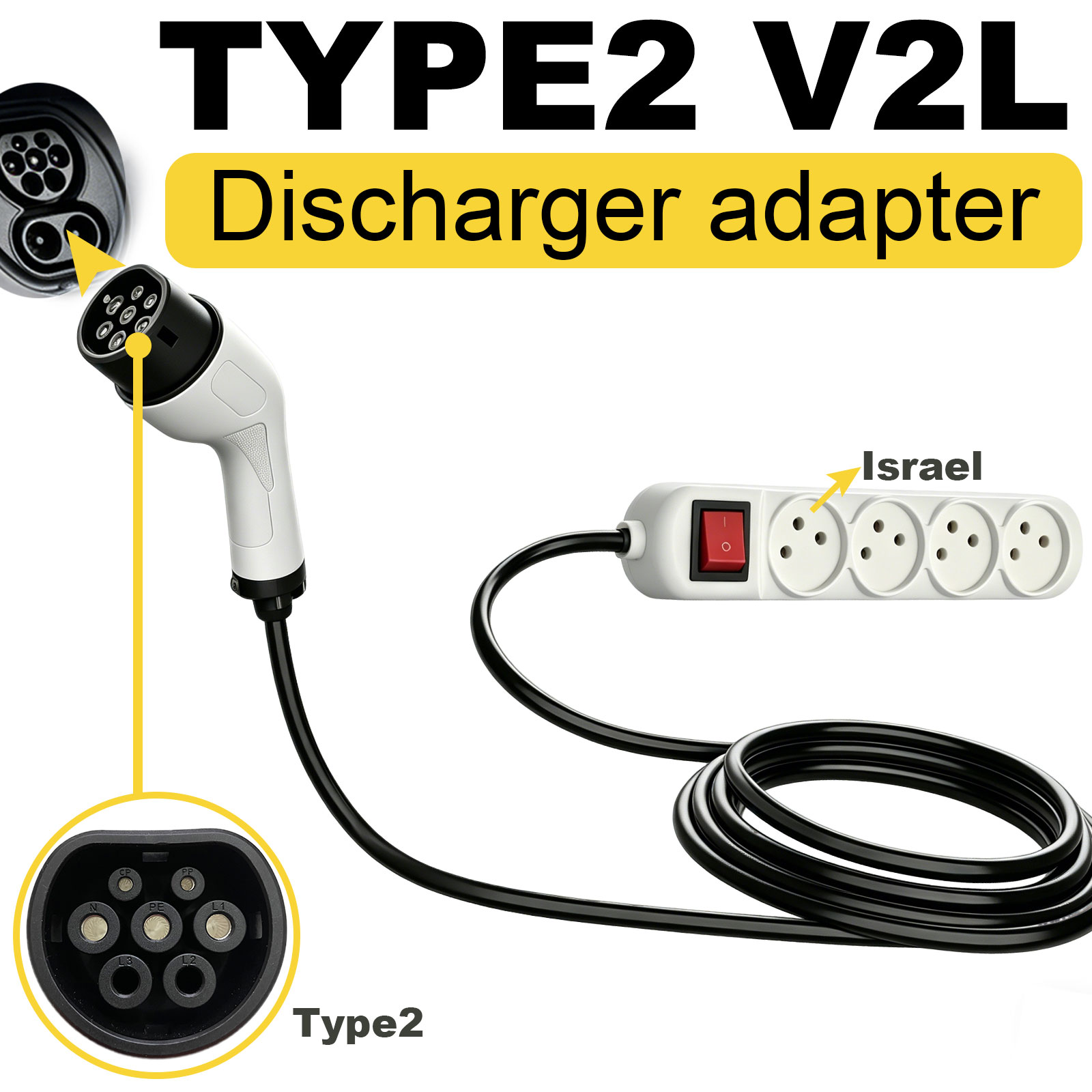 タイプ2 V2L放電アダプター イスラエルソケット EVから - Outdoor Power Hub のレビューと価格